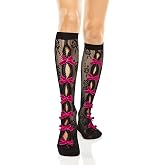 Violet Mist Women Black Lace Floral Knee High Socks with Bow Cute Lolita | Lace Fishnet, Colorful Bow Design, Kawaii Fancy, for Party Halloween