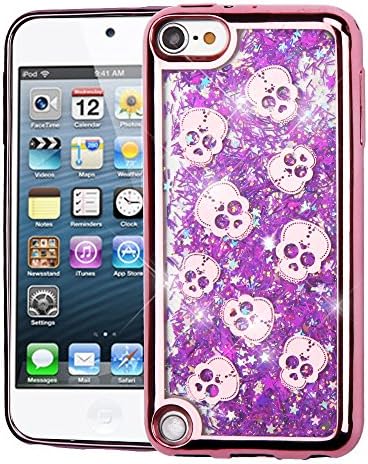 Apple iPod Touch 5th 6th Generation Case MyTurtle TM Shockproof Hybrid 3 Layer Hard Premium Silicone Shell Cover with Stylus Pen + Screen Protector (Rose Gold Skulls Purple Quicksand Liquid Glitter)