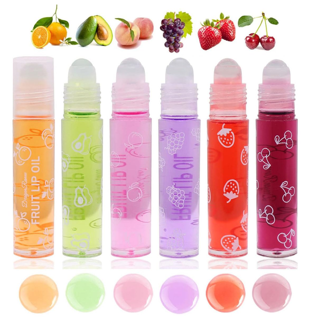 Baorder 6Pcs Roll-On Lip Gloss Set,Fruit Flavored Roll On Rollerball Lip Oil,Transparent Plumping Lip Gloss,Non Toxic Lip-Makeup Set
