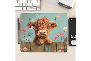 Highland Cow Mouse Pad Desk Mat Washable Cute with Floral & Butterfly Design Non-Slip Rubber Base Stitched Edges 9.5 x 7.9 In