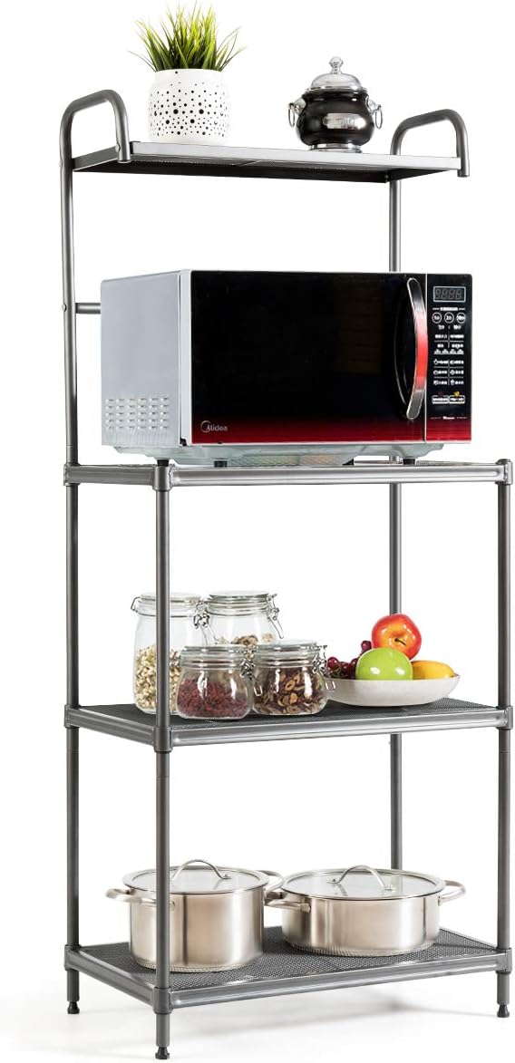 Microonde Scaffale da Cucina per Microonde in Metallo a 4 Ripiani, Carrello per Microonde Scaffalatura Organizzatore Portaoggetti, 60 x 34,5 x 136 cm (Grigio)
