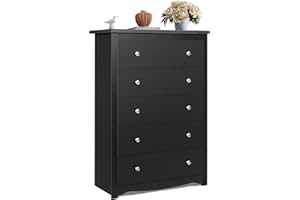 WLIVE Wood Dresser with 5 Drawers, Black Wooden Storage Cabinet, Organizer Drawers for Bedroom, Living Room, Hallway, Measuring 15.75" W * 31.50" D * 45.35" H ﻿