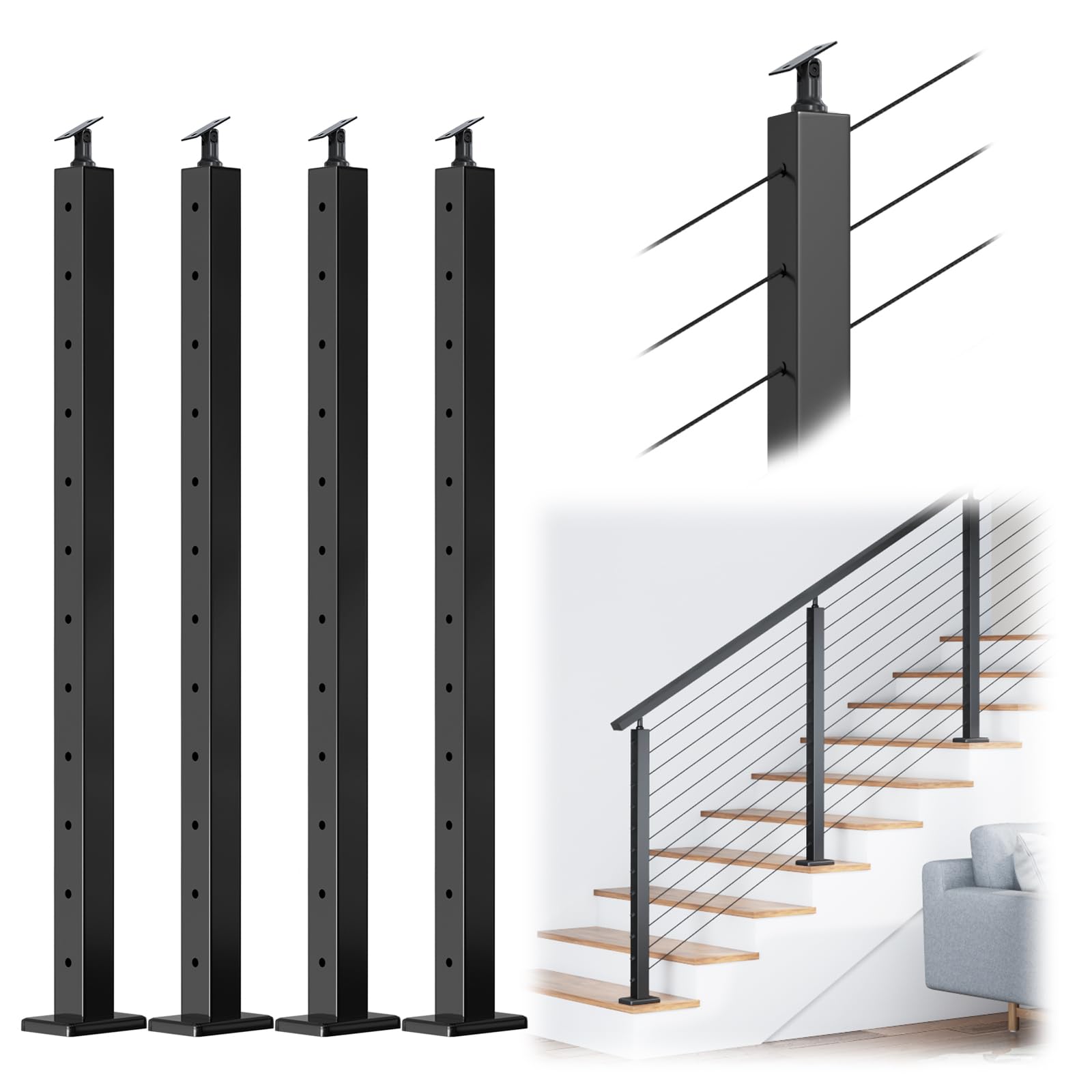 Photo 1 of Muzata 4Pack Black Stair Cable Railing Post 42 Inch for 25-35 Degrees Stair 42"x2"x2" Surface Mount T304 Stainless Steel Cable Railing System Kit Indoor Outdoor with Paper User Guide PS01 BA4L