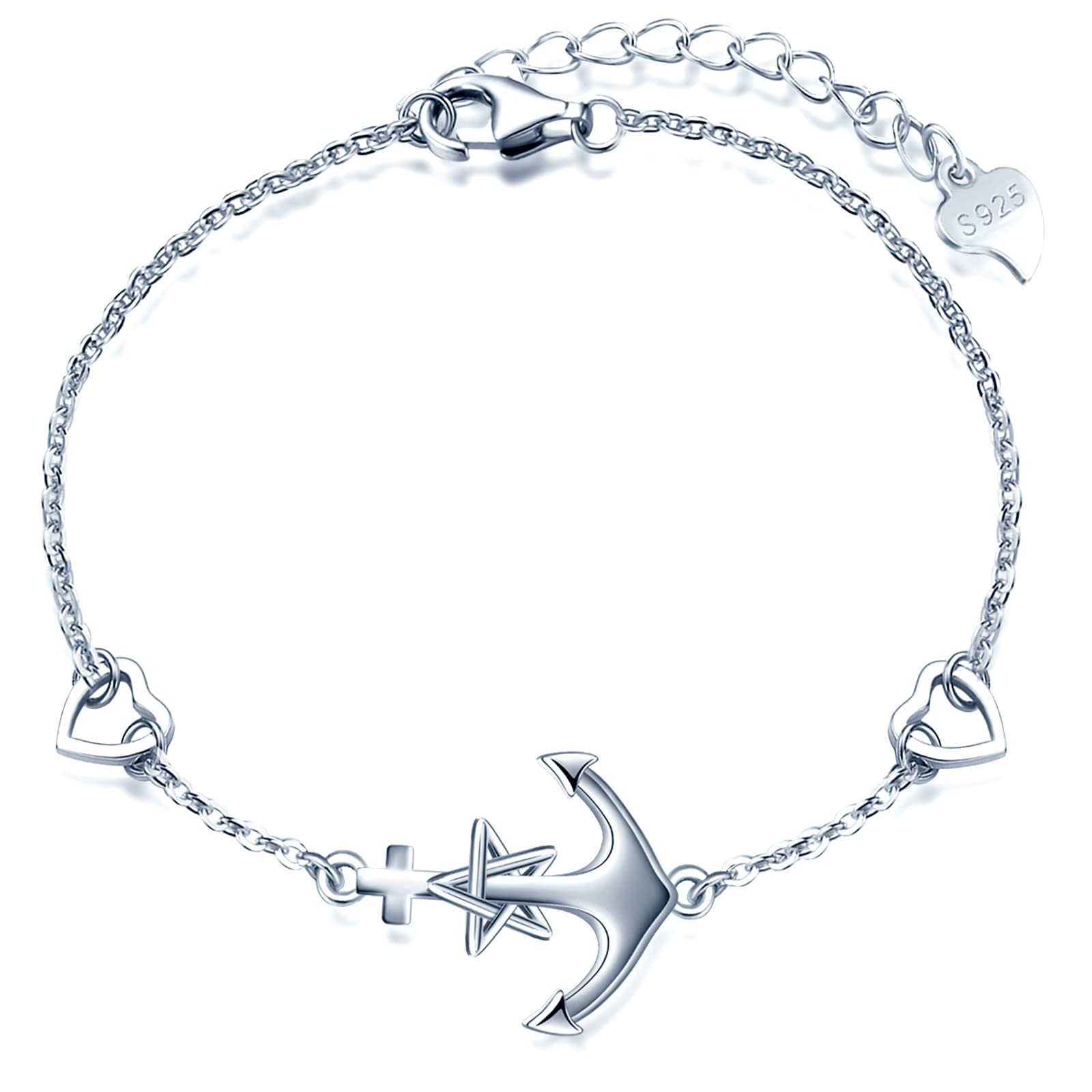 MicLee Bracelet elegant for womens and girls, 925 sterling silver bracelets, Classic anchor-star bracelet, link with mini heart, symbol of courage, protection and strength, adjustable chain, silver