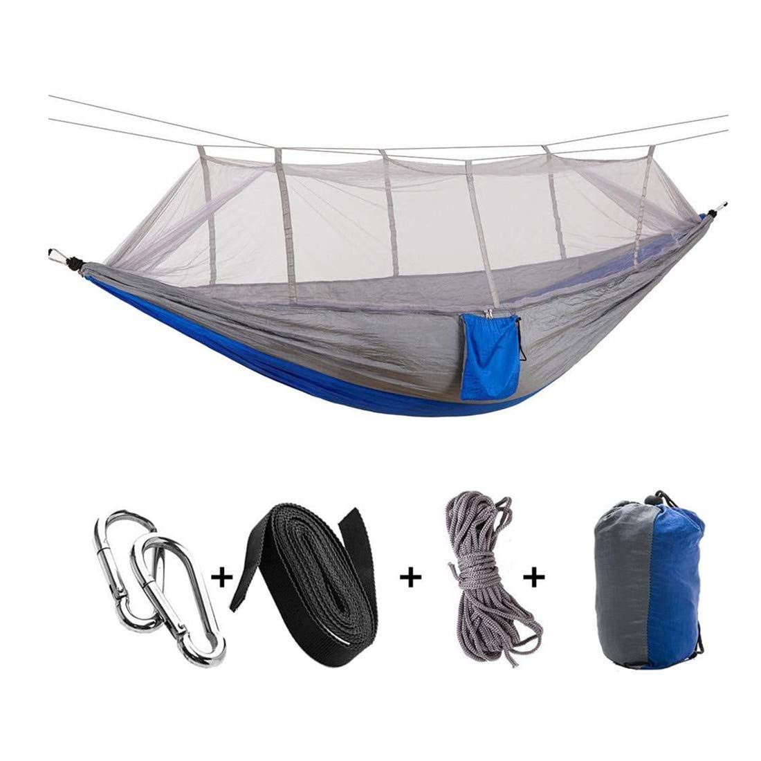 Portable Camping Travel Hammock Hanging Bed with Mosquito Net for Outdoor Hiking Backpacking Travel(Gray + Blue)