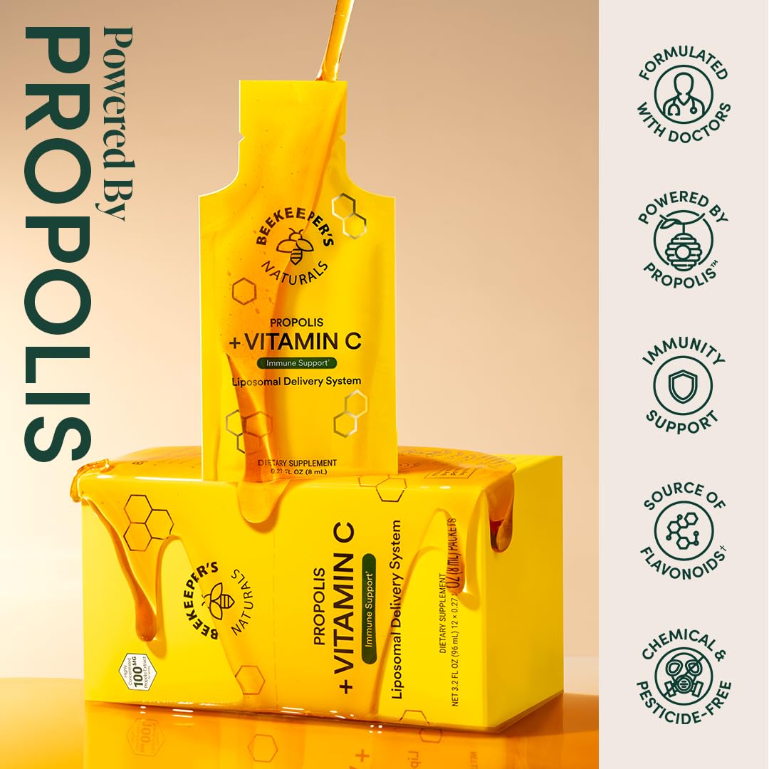Propolis Liposomal Vitamin C by Beekeeper's Naturals, 1000mg Vitamin C, Propolis & Organic Honey, Supercharged Immune Support & Increased Bioavailibity for Max Absorption, 30 Ct
