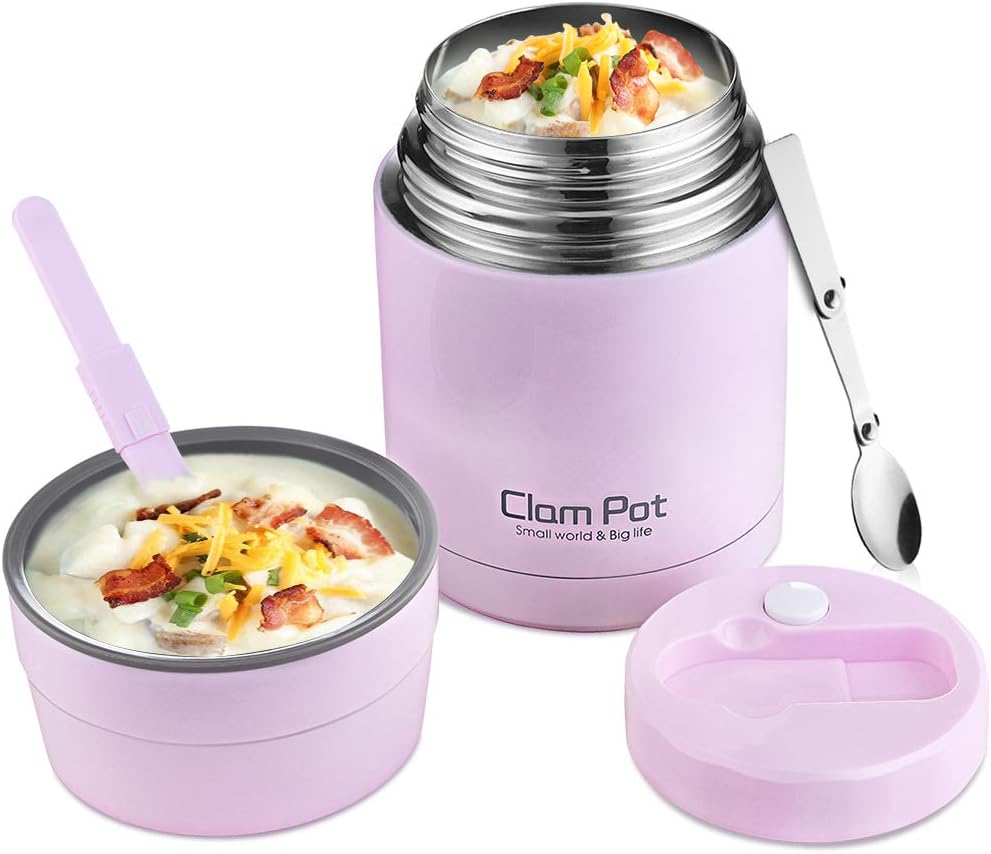 Lunch Food Jar - Vacuum Insulated Lunch Thermoses with folding Spoon & Build-in Handle - Stainless Steel Lunch Box for Hot Food (800ml/27oz, pink)