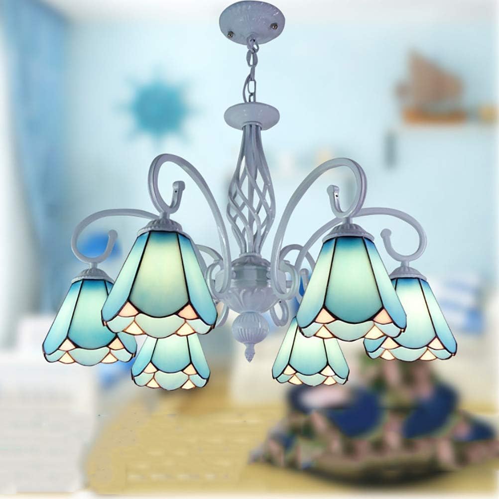 Chandelier Ceiling Lamp Simple Blue Glass Multi-arm Tiffany Style Beautiful Spiral Lines Lamp Fixture Pendant Entertainment Places Ceiling (Color : White, Size : 6arms)