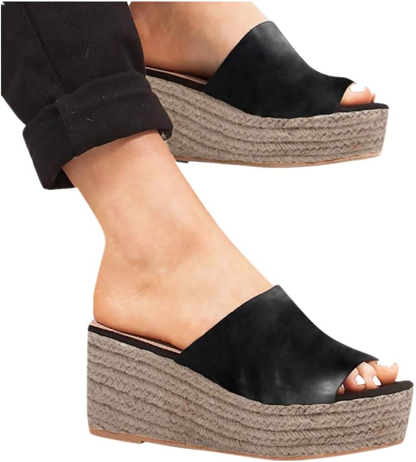 Espadrilles Slippers,Women Peep Toe Snakeskin Pattern Wedges Casual Shoes Slip On High Heel Sandals Beach Slides