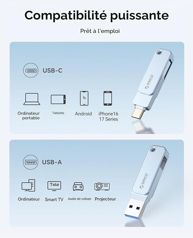 Clé USB 32 Go USB-C et USB-A, 150 Mo/s, USB 3.2 Gen 1, Bleu, EB05
