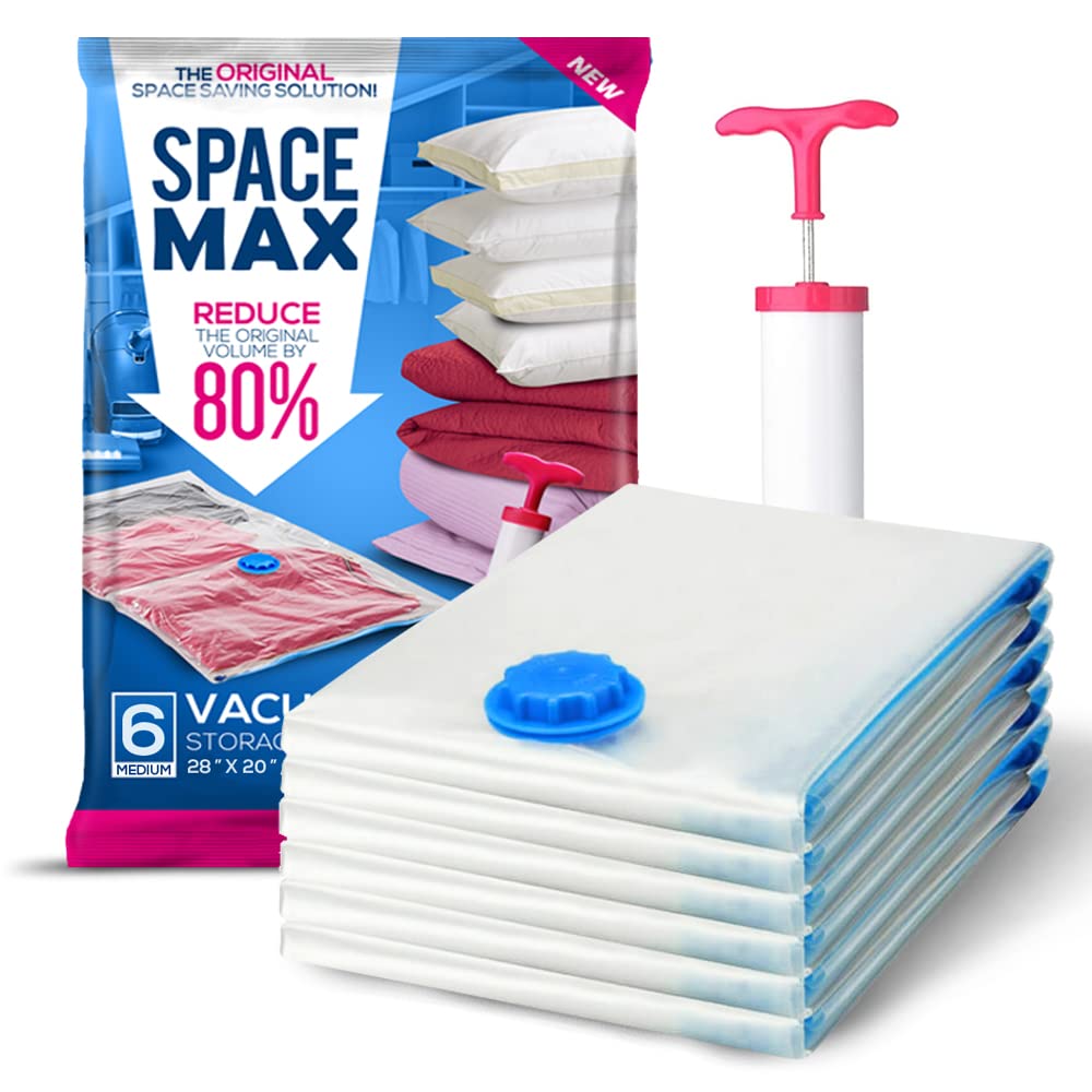 Medium 6 Pack - SPACE MAX Premium Space Saver Vacuum Storage Bags - Save 80% More Storage Space - Reusable, Double Zip Seal & Leak Valve, Includes Travel Hand Pump