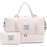 KEQIKAI Weekender Bags for Women, Travel Duffel Bag with Shoe Compartment & Wet Pocket, Large Gym Sports Tote Bag, Maternity Hospital Overnight Bag with Toiletry Bag for Fitness, Work, Trips Beige