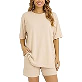 LIGHT DOT Women's 2 Piece Lounge Sets Casual Oversized Pajamas Short Sleeve Tops Biker Shorts Matching Outfits with Pocket
