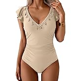 B2prity Womens Tummy Control One Piece Swimsuit V Neck Bathing Suit Ruffled Sleeve Swim Suit Shell Swimwear