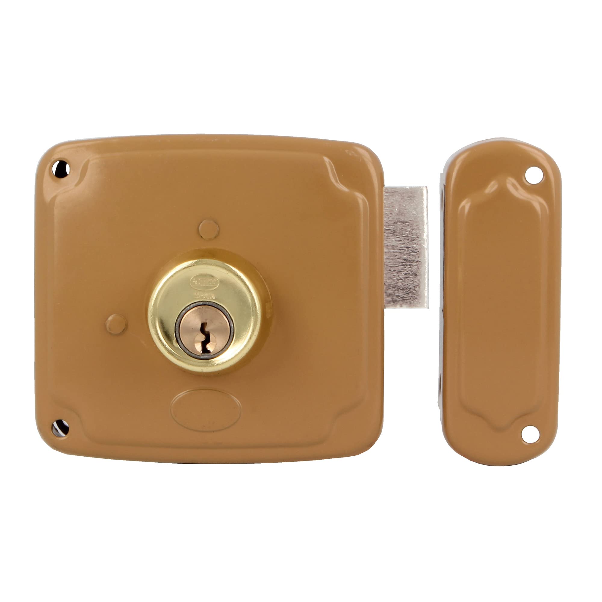 Amig - Right Overlap Lock with Lock Lever and Tab for Wooden Doors Mod. 72PU | 100 x 95 mm | Latch with Round Cylinder | Gold Steel