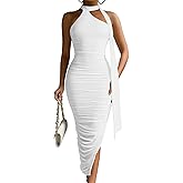 DAAWENXI Women's Sexy Sleeveless Ruched Slit Midi Dress Halter Mesh Bodycon Party Club Dresses