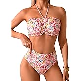 Palmipeta Women's Bandeau High Waisted Bikini Sets-2 Piece Swimsuit with Full Coverage Bottom Cute Bathing Suit