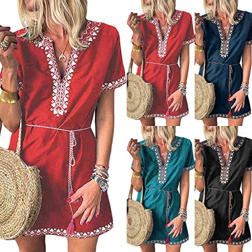 Respctful✿Womens Casual 3/4 Sleeve Floral Embroidered Mexican Peasant Dressy Tops Deep V Neck Lace Blouses Shirt Dress Tunic Green - Thumbnail 4