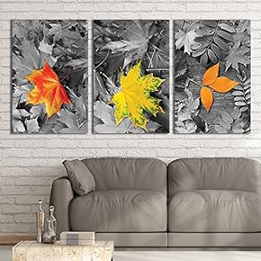 3 Panel Canvas Wall Art - Partial Color Leaves - Giclee Print Gallery Wrap Modern Home Art Ready to Hang - 16"x24" x 3 Panels