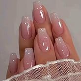 Hkanlre Bling Coffin Press on Nails Fake Nails Tips Full Cover Medium False Gradient Nails for Women and Girls 24PCS (Coffin 