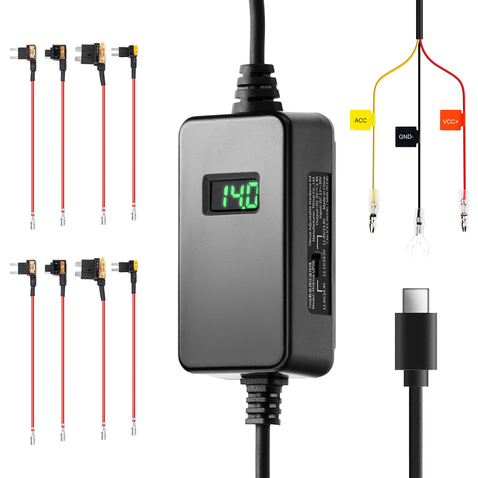 70mai Adjustable Hardwire Kit UP06 for Type-C Dash Cams, 3-Level Low Voltage Protection, Real-Time Voltage Display, 24H Parking Mode for M200/M310/M500/A510/A500S/A810/A800SE/X800/T800 Car Cameras