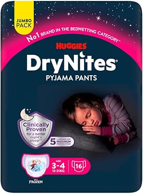 DryNites Pañales de Noche para Niña 3-4 (16-23 kg), Clínicamente Probado con 5 Capas de Máxima Protección Nocturna, 4 Packs de 16, Total 64 Bragas Absorbentes