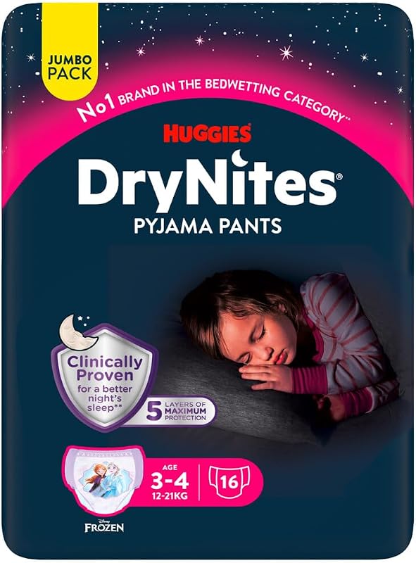 Fraldas huggies drynites para meninas de 3 a 5 anos (16 a 23 kg), clinicamente testadas com 5 camadas de proteção noturna máxima, 4 pacotes de 16, total de 64 fraldas noturnas descartáveis