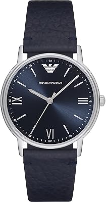 Relógio masculino, movimento de três ponteiros, caixa em aço inoxidável prateado de 41 mm com bracelete em couro, AR11012, tons de azul e prata