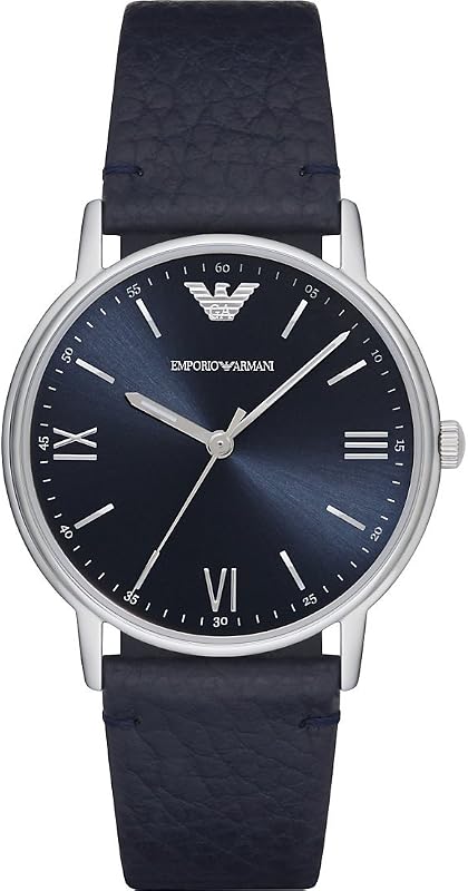 Relógio masculino, movimento de três ponteiros, caixa em aço inoxidável prateado de 41 mm com bracelete em couro, AR11012, tons de azul e prata