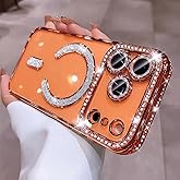 for iPhone 17 Pro Max Case Magnetic Clear Glitter,Orange,[Compatible with Magsafe],Cute Sparkly Bling Diamond Camera Lens Protector Soft Plating TPU Bumper Women Girls Phone Case for iPhone 17 Pro Max