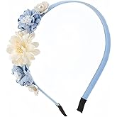 SONGJIE Elegant Blue White Rose Flower Headband with Pearls, Wedding Hair Accessories for Women, Bridal Party Hair Bands, Boho Vintage Hair Decor, 1 Pcs