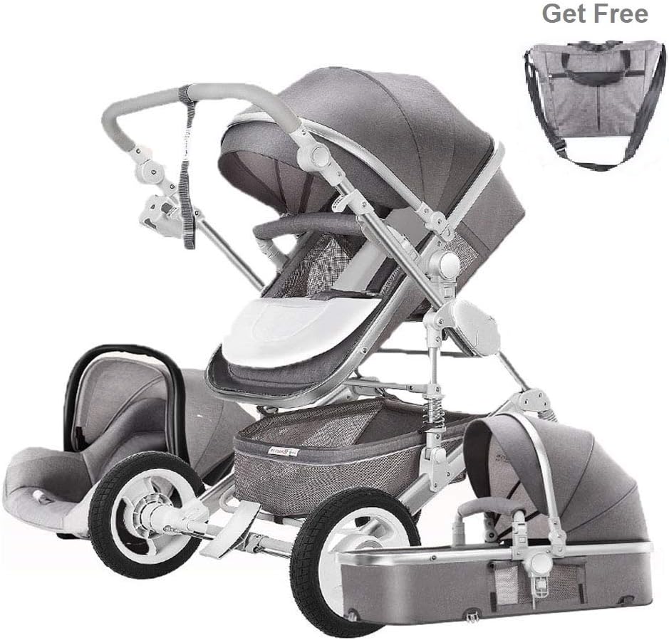 Newborn Baby Stroller,Babyfond 3 in 1 Infant Pram Convertible Carriage Shock Absorption,Sturdy Constructure Reinforced Aluminum Frame,High View Baby Stroller,Easy to Fold,Gray