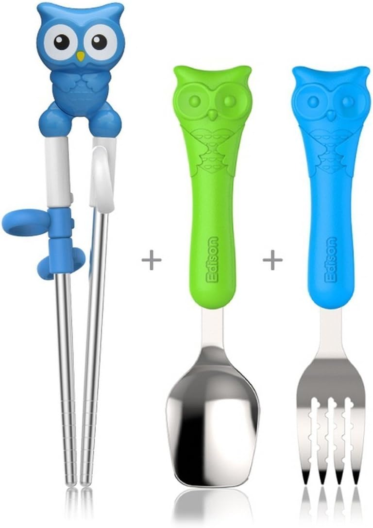 Edison Owl Training Chopsticks Spoon&Fork Set For Kids 3y+(Blue+Green)