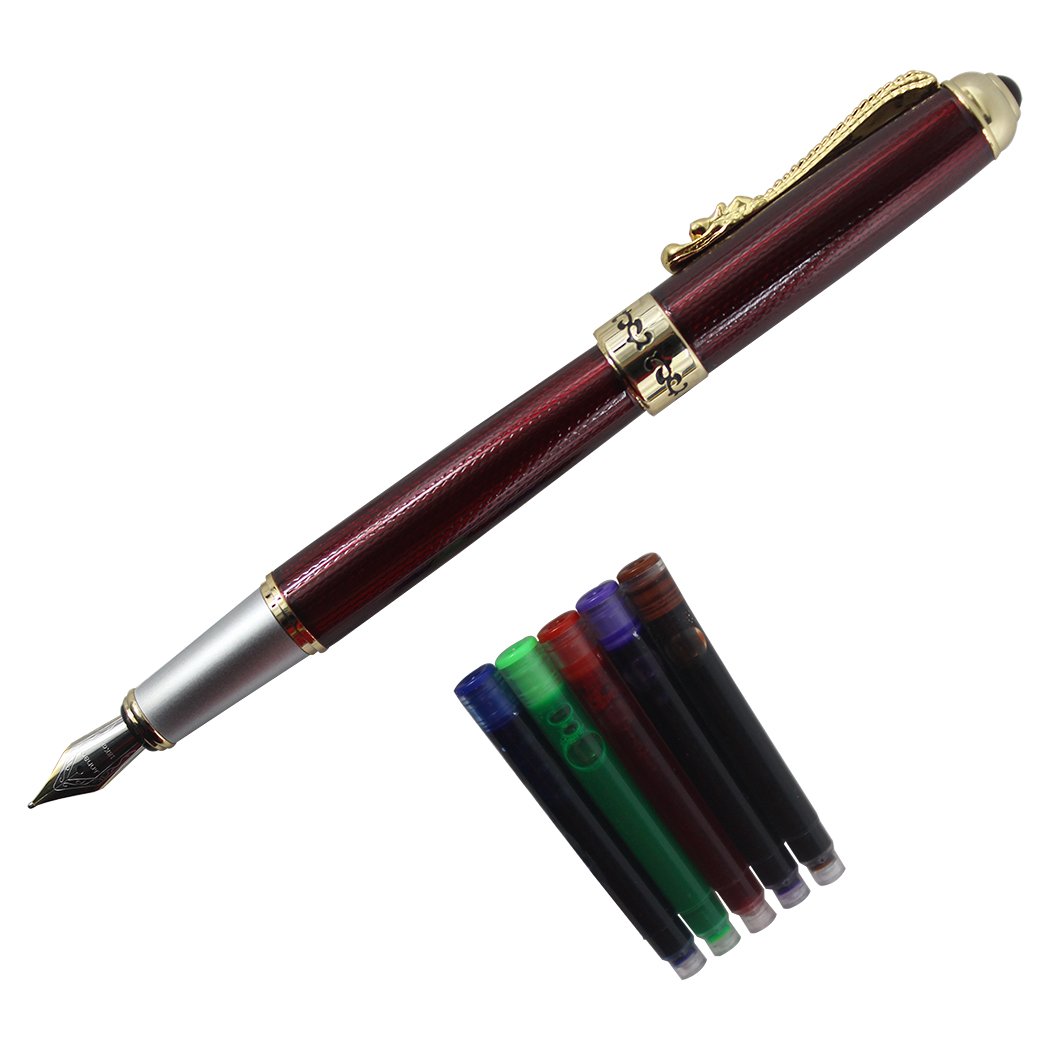 Mother of Pearl White Fountain Pen Golden Dragon Ruby Eye Noblest with Push in Style Ink Converter fontana penna rossa set