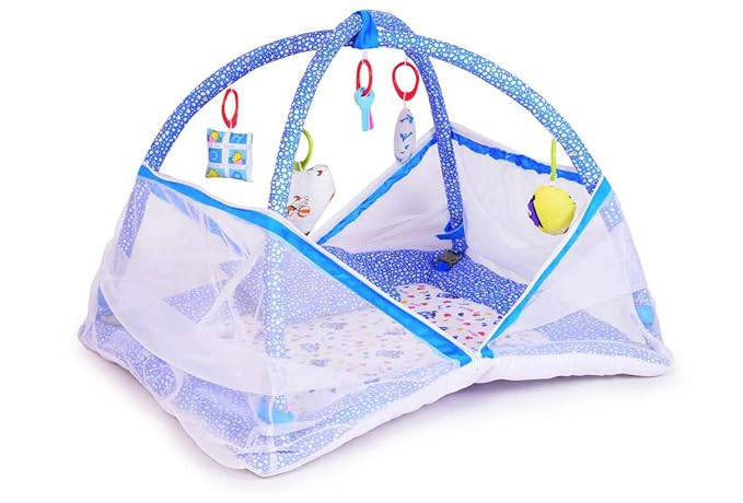 DearJoy Baby Kick and Play Gym with Mosquito Net and Baby Bedding Set (Blue Bunny Print)