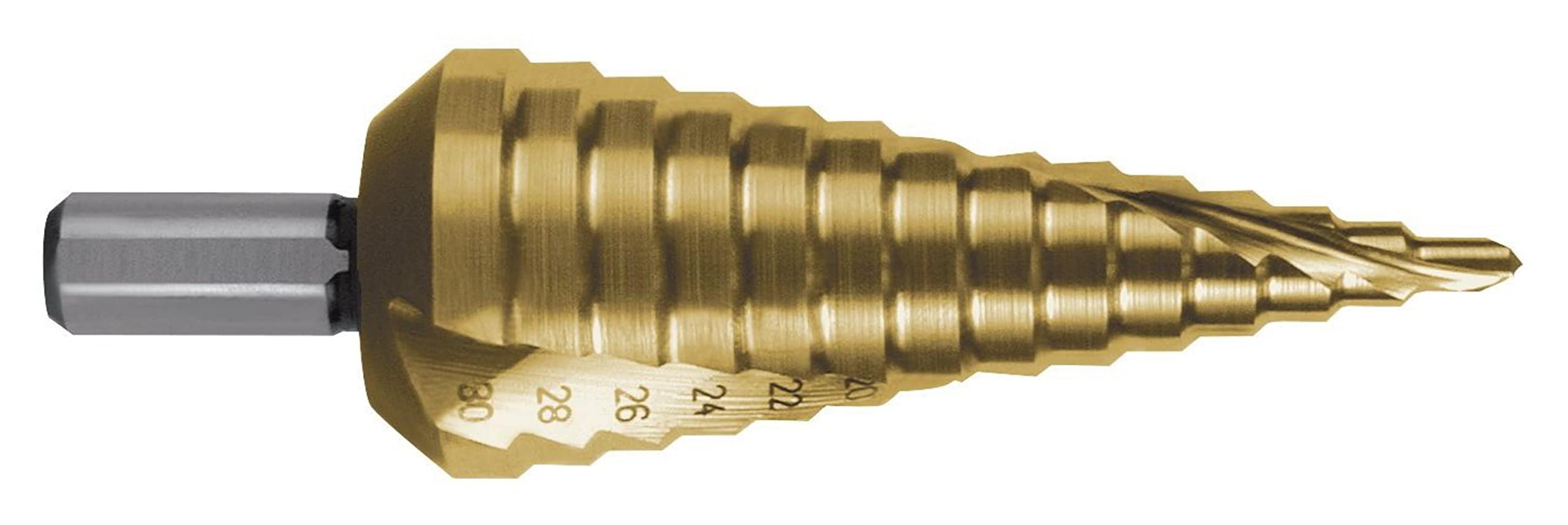 RUKO HSS Spiral Fluted Step Drill Bit with Split Point, Tin Finish, 6.0-37.00 mm Diameter, Size 9, 100.0 mm Length, R101060T