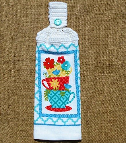 Tea Cups and Flowers Double Sided Hanging Kitchen Towel With A White Crocheted Top