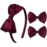 DEEKA Burgundy Bow Headband & 2 Pcs Satin 4 Inch Hair Bows Set Uniform Hair Accessories Hair Band for Little Toddler School Girls -Burgundy