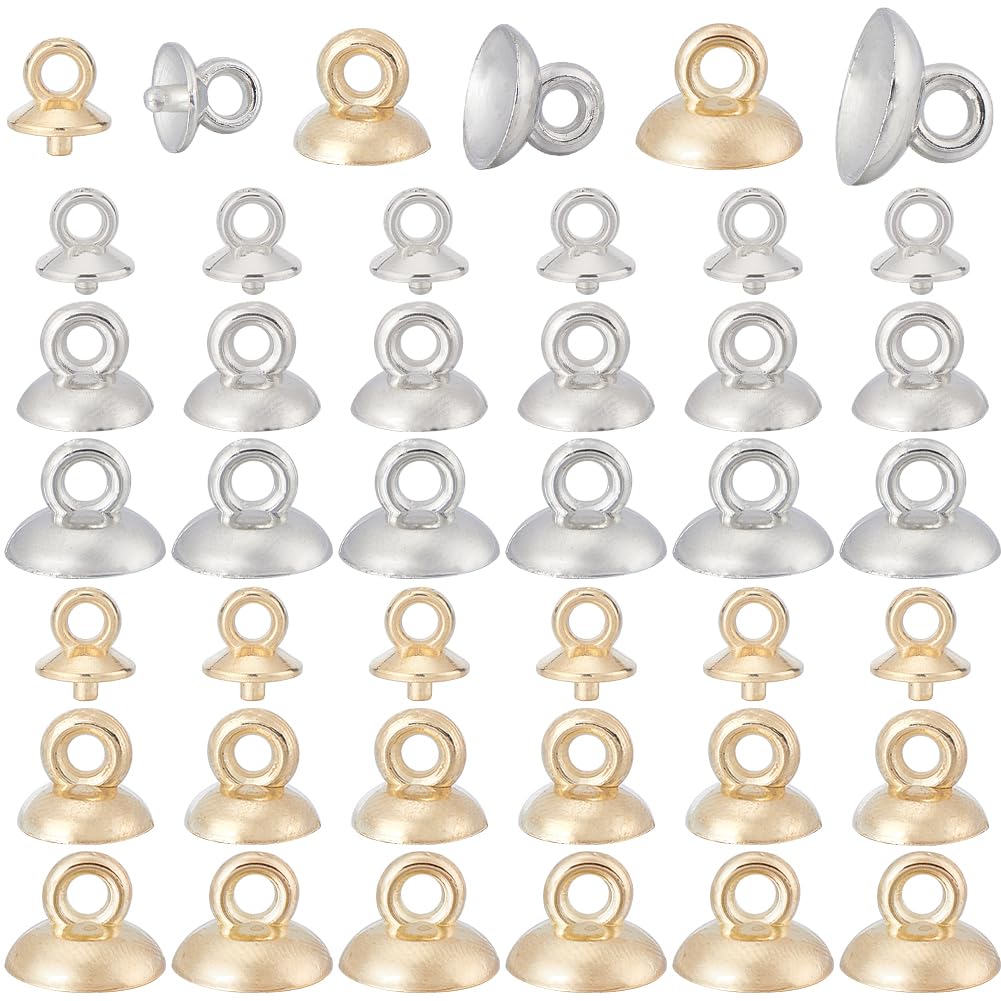SUNNYCLUE 1 BOX 360PCS 6/8/10mm Plastic Cup Pearl Peg Bails Bead Cap with Loop Gold Silver End Round Pendant Bail Caps Charm Connector Bulk for jewellery Making Accessories Diy Beads Craft Supplies