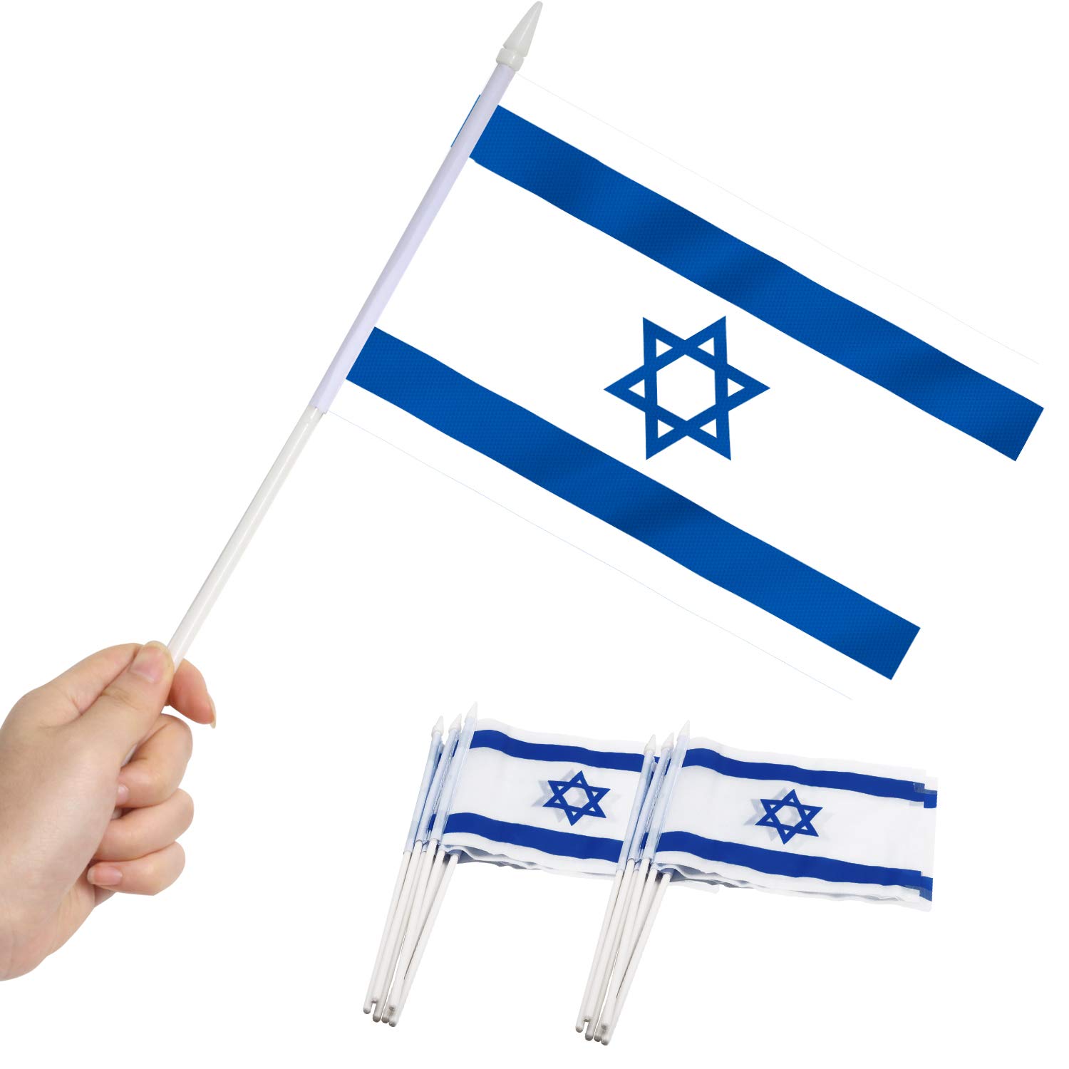 Anley Israel Stick Flag, Israeli 5x8 inch (12 X 20cm) HandHeld Mini Flag With 12" (30cm) White Solid Pole - Vivid Color and Fade Resistant - 5 x 8 inch Hand Held Stick Flags With Spear Top (1 Dozen)