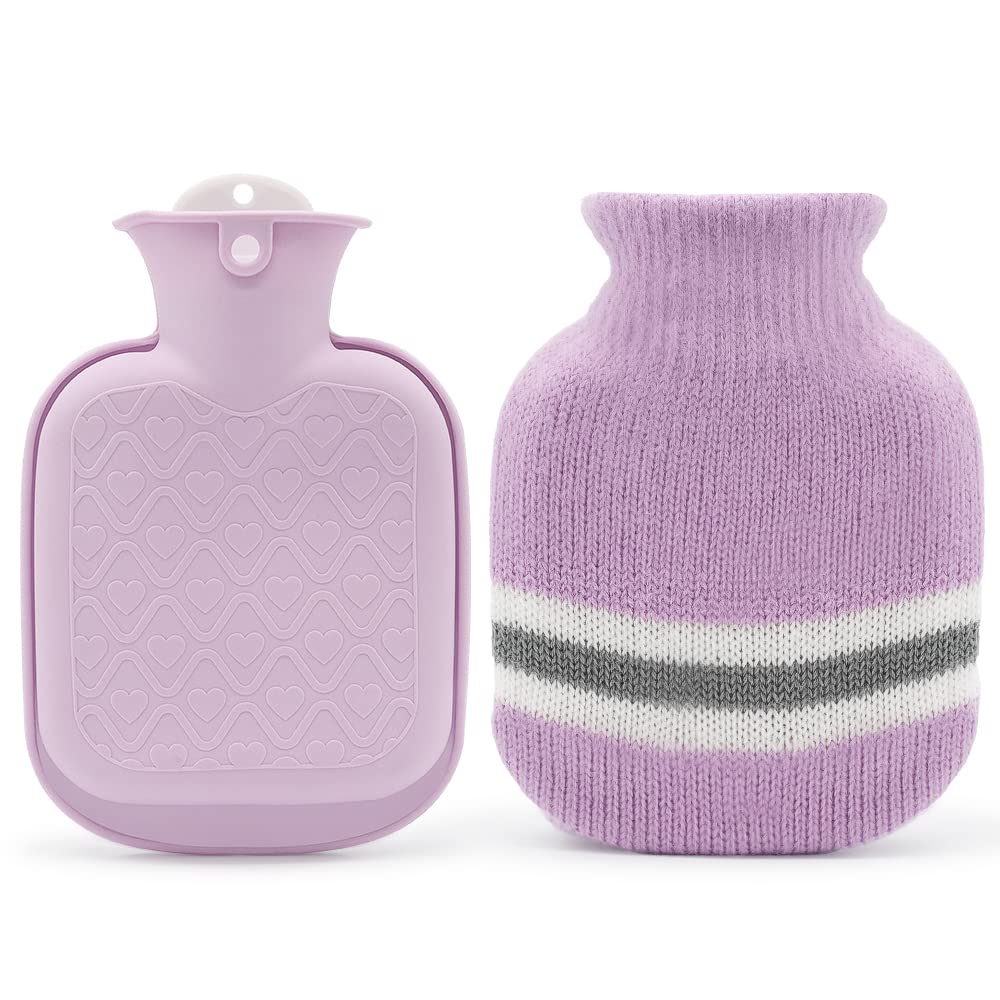 Hot Water Bottle with Knitted Cover, 300ml Small Hot Water Bag for Pain Relief, Back, Neck and Shoulders, Mini Hot Water Bottle with Removable and Washable Soft Cover, Best Gift for Women, Kids