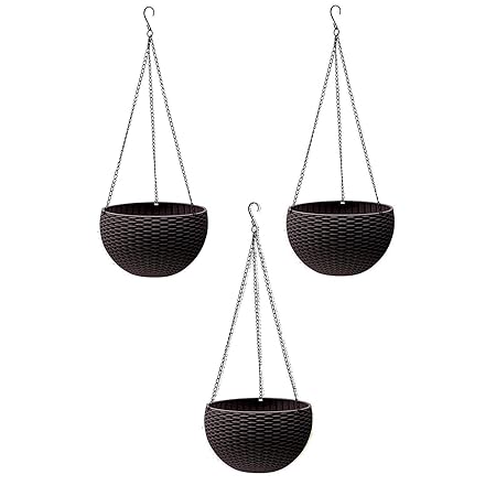 Tex Homz Hanging Baskets Rattan Waven Flower Pot Plant Pot with Hanging Chain for Houseplants Garden Balcony Decoration - 3 Pcs Black Color