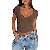 REORIA Women's Sexy V Neck Short Sleeve T-Shirt Double Lined Seamed Cup Going Out Fitted Basic Tops