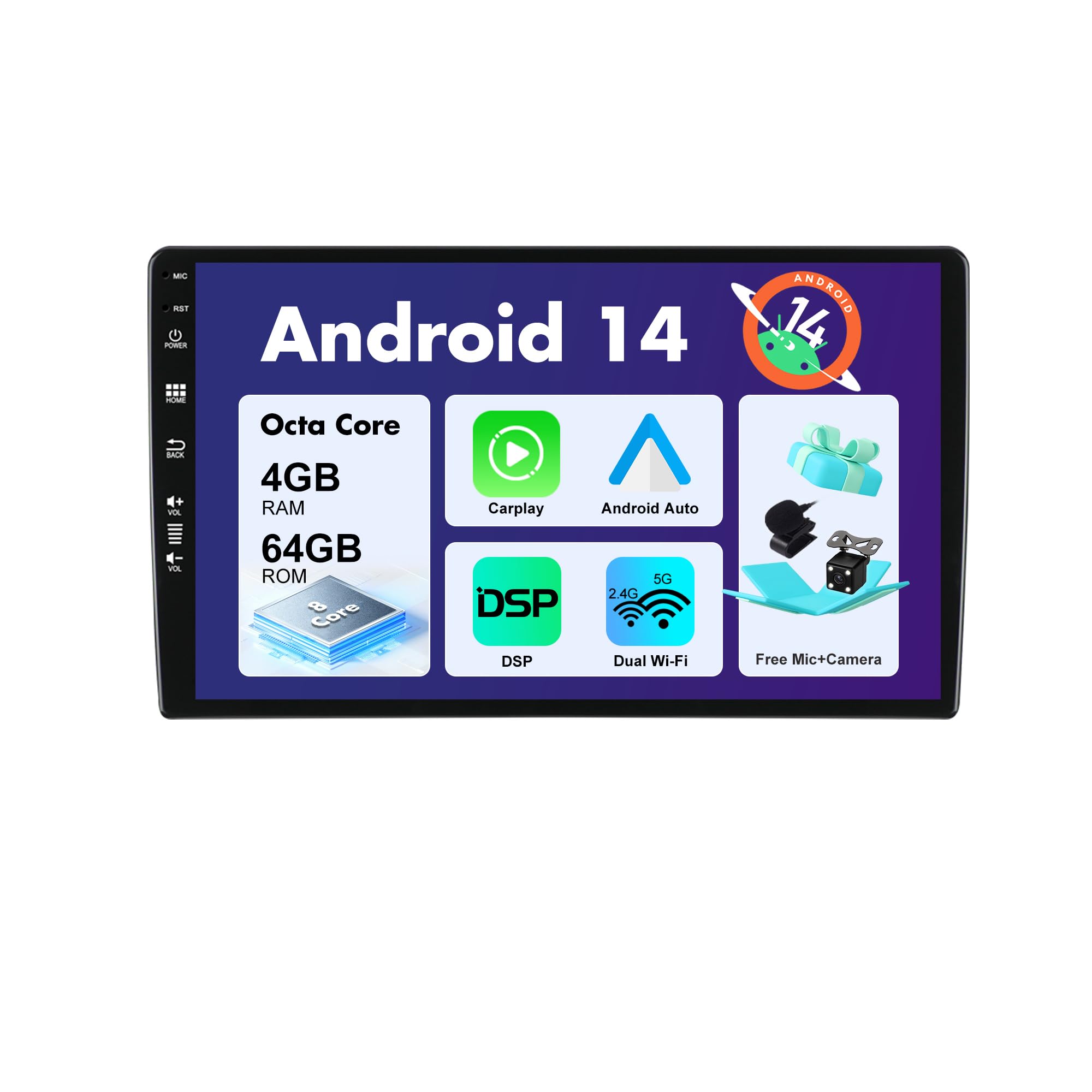 SXAUTO Android 10 Double DIN Car Stereo - [4G+64G] - [Built-in Carplay/Android Auto/DSP] - Free LED Backup Camera MIC - 9 Inch 2.5D Screen - Support DAB Steering Wheel Control 4G WiFi Bluetooth5.0