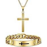 HNPHQT Cross Necklace and Bracelet Set for Men Women Stainless Steel Chain with Cross Pendant Beveled Edge Gold Crucifix Necklace Religion Jewelry Gifts for Him
