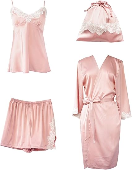 Amazon Co Jp Loveran レディサテンルームウェア4点セット キャミソール ショートパンツ ポーチ ローブ かわいい下着 ランジェリー サテン パジャマ 寝巻 おうち時間 服 ファッション小物