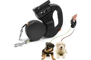Double Head 10 ft Retractable Dog Leash with Integrated Waste Bag Dispenser Flashlight 360°Tangle Free Anti-Slip Handle Refle