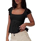 Cioatin Women Cute Y2K Lace Flowy Peplum Babydoll Tops Cap Sleeve Square Neck Tie Up Ruffle Lettuce Tank Crop Shirt Going Out