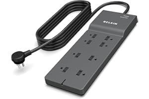 Belkin 8-Outlet Surge Protector w/ 8 AC Outlets & 8ft Long Flat Plug, UL-listed Heavy-Duty Extension Cord for Home, Office, Travel, Computer Desktop, Laptop, Phone Charger - 2,500 Joules of Protection