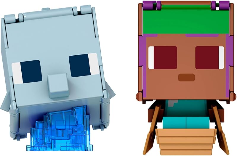 Minecraft - Flippin' Figs Delfino + Baule ed Efe + Efe in barca, set da 2 personaggi alti 9,5 cm e con teste grandi, ispirati al videogioco, giocattolo per bambini, 6+ anni, JCY31